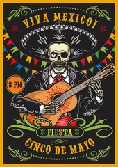 Colorful poster with Mexican skeleton performer