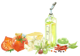 イタリア料理の素材の水彩イラスト