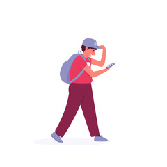 Young tourist traveler walking with a backpack and a map on the phone, on vacation. Tourism concept. Flat vector illustration.