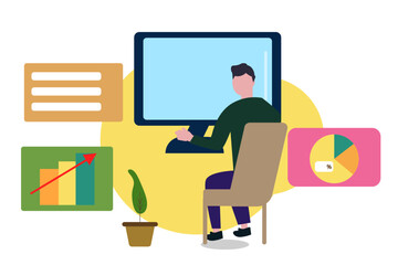 パソコン 仕事する男性 PC作業・在宅勤務・エンジニアやデザイナー ベクターイラスト