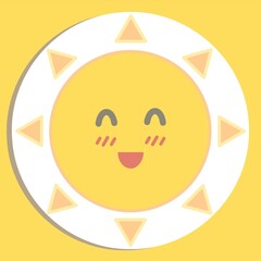 Hand drawn vector of cute Sun with smiley face isolated on yellow background.