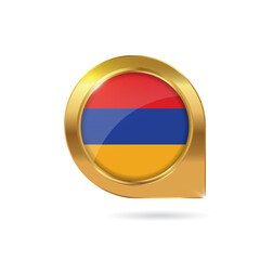 Flag of Armenia, location map pin, pointer flag, button with the reflection of light and shadow, gold frame, Icon country. Realistic vector illustration on white background