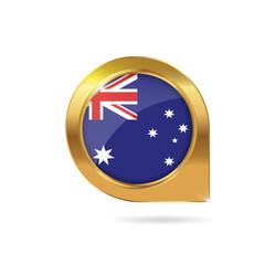 Obraz premium Flag of Australia, location map pin, pointer flag, button with the reflection of light and shadow, gold frame, Icon country. Realistic vector illustration on white background