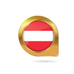 Flag of Austria, location map pin, pointer flag, button with the reflection of light and shadow, gold frame, Icon country. Realistic vector illustration on white background