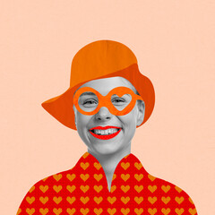 Contemporary artwork. Colorful bright design. Cheerful stylish woman with orange drawn cloth and...