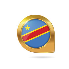 Naklejka premium Flag of Democratic Republic of the Congo, location map pin, pointer flag, button with the reflection of light and shadow, gold frame, Icon country. Realistic vector illustration on white background