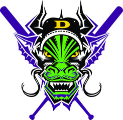 fantasy dragon mascot with ball cap and crossed baseball bats for school, college or league