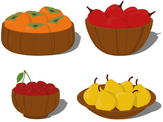 Still life collection, ripe fruits in wooden bowls and plates vector illustration