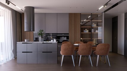 Cucina e Living 01, appartamento di desing italiano, cucina, pranzo, soggiorno, Rendering 3d