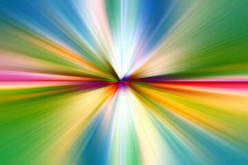 Abstract radial zoom blur surface of   blue, yellow and green tones. Bright colorful background with radial, radiating, converging lines.