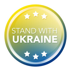 Stand with Ukraine Badge text with Ukraine flag. Stop the war against Ukraine Badge.