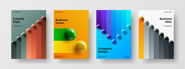 Trendy 3D spheres company identity layout composition. Vivid annual report A4 design vector template set.