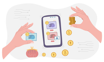 Selling NFT tokens for cryptocurrency. Buyer hand gives bitcoin, dollar, ethereum. Mobile phone with art store app. Vector Illustration for backgrounds and posters. Isolated on white background. - obrazy, fototapety, plakaty