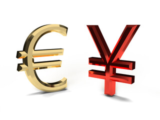 3d render golden symbol yena and red symbol yena isolated white background