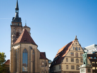 Stiftskirche church and Schillerplatz in Stuttgart Germany