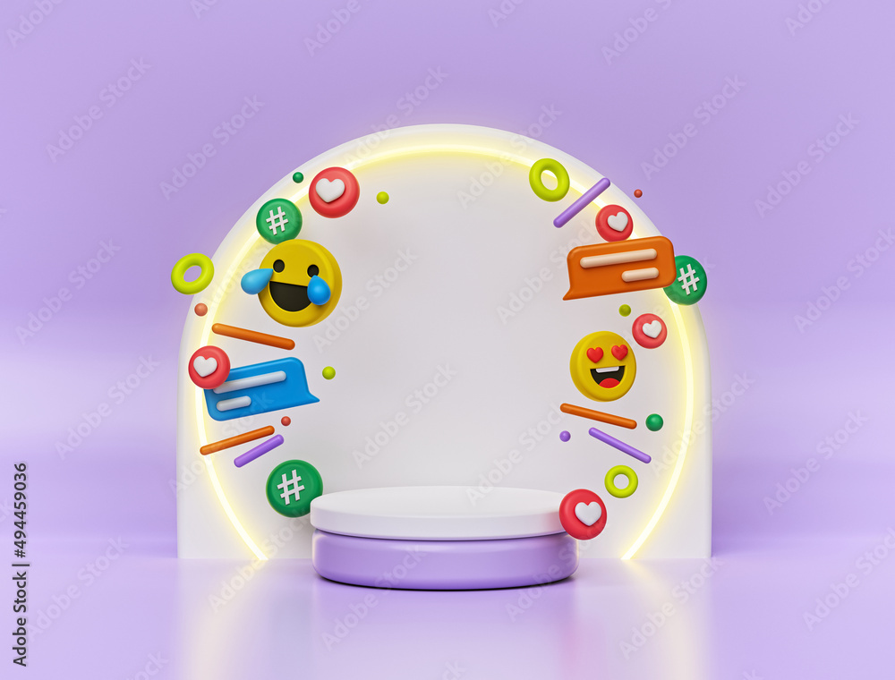 Poster minimal podium surrounded with social media colorful icons. 3d rendering