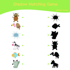 Animals matching shadow game for Preschool Children. Educational printable worksheet. Matching the images with the shadow worksheet. Motoric movements.