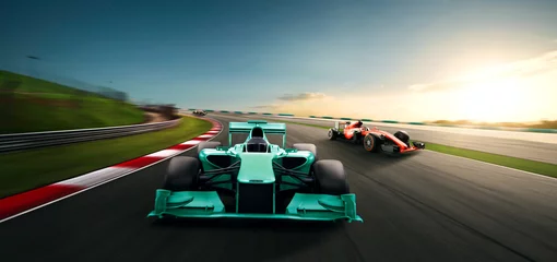 Poster Motorsport cars racing on race track with motion blur background, cornering scene. 3D Rendering. © Image Craft