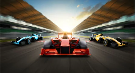 Foto op Plexiglas Raceauto racen op snelheidsbaan, autorace op asfaltwegracebaan die start- en finishlijn kruist met bewegingsonscherpte achtergrond. 3D-weergave. © Image Craft