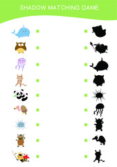Animals matching shadow game for Preschool Children. Educational printable worksheet. Matching the images with the shadow worksheet. Motoric movements.