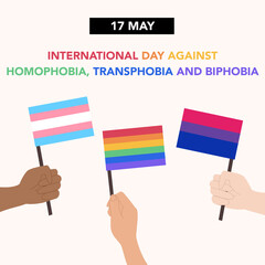 LGBT flags, gay flag, bi flag and trans flag for 17 May. International day against homophobia, transphobia and biphobia