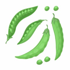 Vector image of green pea pods. Set of pods and peas on a white background in cartoon style