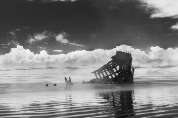 Grayscale of an old wrecked ship reflecting on the surface of the water