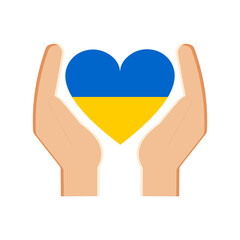 Obraz premium Pray for Ukraine. Heart icon with the flag of Ukraine in people's hands. Love for the Motherland, support and faith in victory. .
