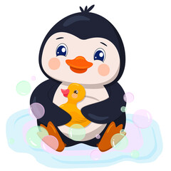 Cartoon penguin bathes with a yellow rubber duck in soap bubbles