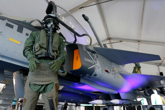 Brazilian F-39E Gripen, the Brazilian Air Force fighter aircraft, manufactured by Saab AB, replica exhibition