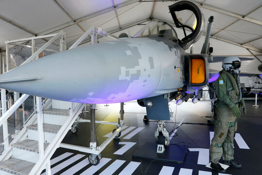 Brazilian F-39E Gripen, the Brazilian Air Force fighter aircraft, manufactured by Saab AB, replica exhibition