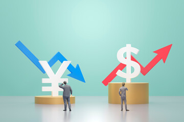 円安・ドル高のコンセプトイメージ / 変動する為替相場と考え込むビジネスマン / 3Dレンダリンググラフィックス