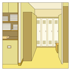 Multi colored vector illustration of a locker room interior in yellow green style