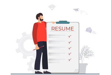 Tiny man searching for work, hr agency, team building, human resources management, personnel hiring, employment contract, job offer, flat vector illustration