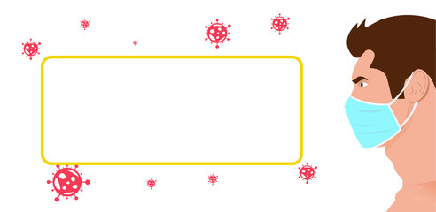 Illustration of a man wearing mask from the side with copy space and illustrated germs or viruses