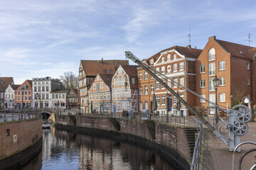 Cityscape view surrounded by buildings and Elbe river in Hanseatic city of Stade