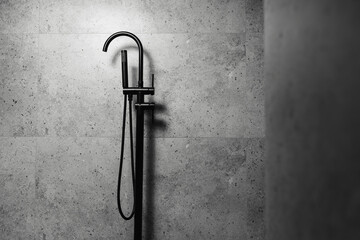 Black freestanding bath taps, on the background of dark grey bathroom walls.