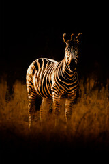 View of a beautiful zebra in a field at sunset