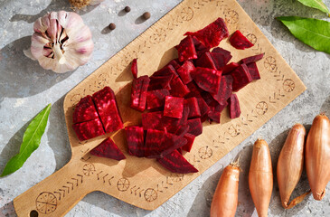 Sliced beetroot on a table, top view