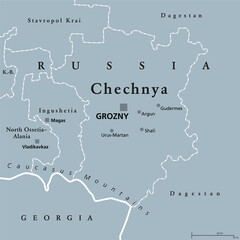 Obraz premium Chechnya, gray political map with capital Grozny and borders. Chechen Republic, a republic of Russia, and part of the North Caucasus Federal District, situated in the North Caucasus of Eastern Europe.
