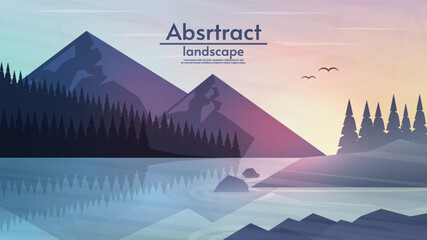 Abstract evening or morning landscape. Vector illustration, flat style. Mountains with river and hills with forest and rocks. Beautiful sky with birds. Design for wallpaper, banner, touristic card.