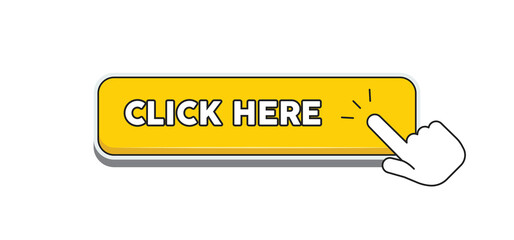 Click here button with hand clicking icon. Vector design.