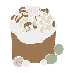 Happy Easter. Modern vector flat illustration for greeting card with easter cake. Easter dessert and eggs. Aesthetics of spring. Spring illustration on a white background. Hello april