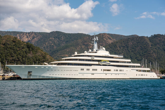 Marmaris, Turkey – March 23, 2022. M/Y Eclipse superyacht owned by  Russian oligarch Roman Abramovich, in Netsel Marina port of Marmaris, Turkey. Built by Blohm+Voss of Hamburg, Germany 