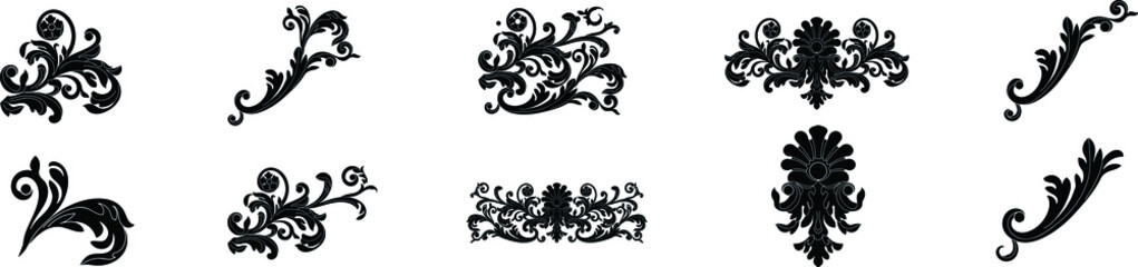 Set of vintage baroque ornament, corner. Retro pattern antique style acanthus. Decorative design element filigree calligraphy vector
