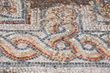 Details of the mosaic on floor of greek ruins of an archaeological site in Ephesus, Turkey