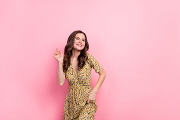 Portrait of excited cheerful girl spend pastime partying have fun isolated on pink color background