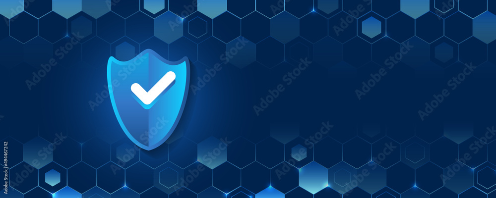 Poster confidential data protection. cybersecurity or information privacy idea. shield on the blue hexagons