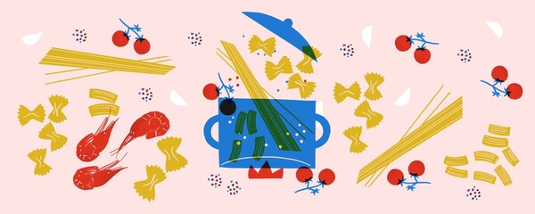 Italian pasta in saucepan funny cartoon illustration. Family Dining. Professional worker on the kitchen. Poster with title for decor kitchen or cafe. Cooking Italian snacks hand drawing.