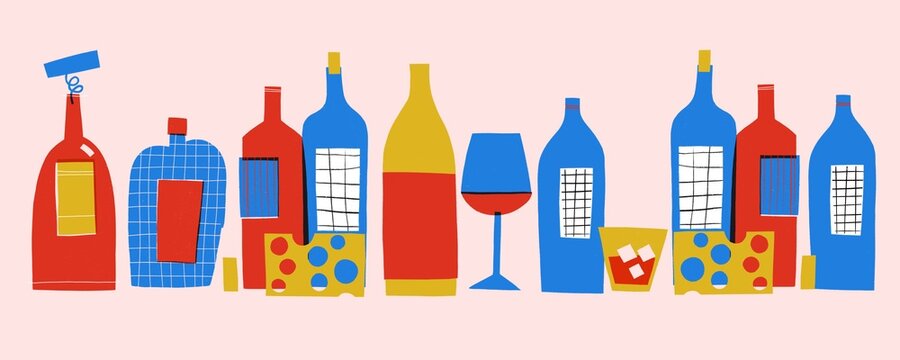 Wine bottles abstract flat modern illustration. Still life. Drink and alcohol. Cartoon postcard. Wine lover illustration. Grapes wine and corkscrew. Can be use for restaurants menu, cover, packaging